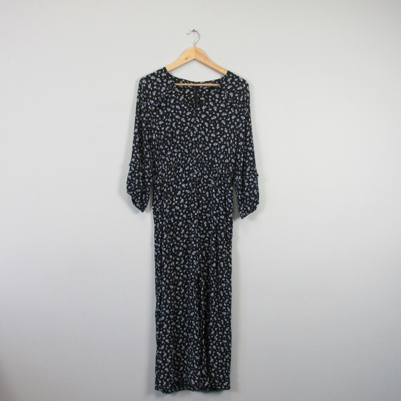 Madewell Petite Ruffle Sleeve Tie-Waist Jumpsuit M Floral Wide Leg Blue Boho 384 - Picture 1 of 16